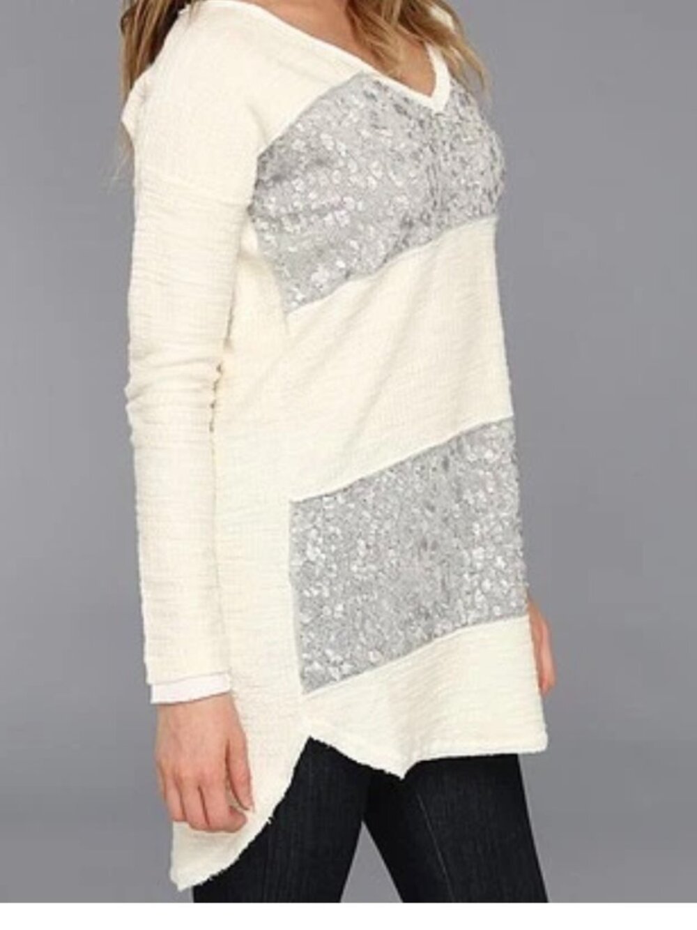 Free People Striped Sequined Light Weight V-Neck Sweater - MSRP-$168
